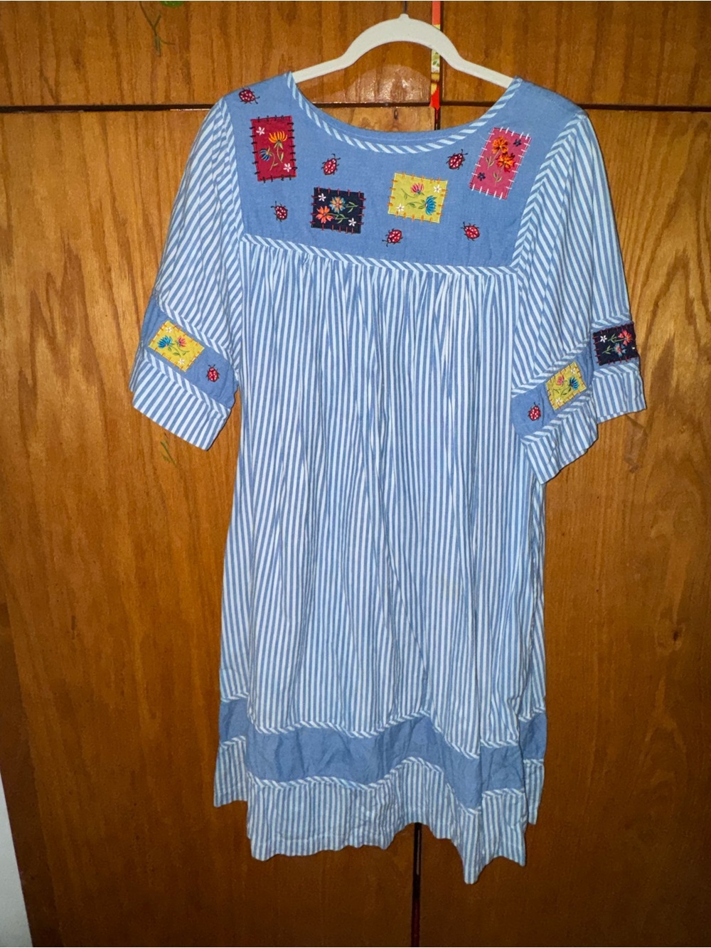 Bechamel Blue Embroidered Patchwork Cotton Knee Dress